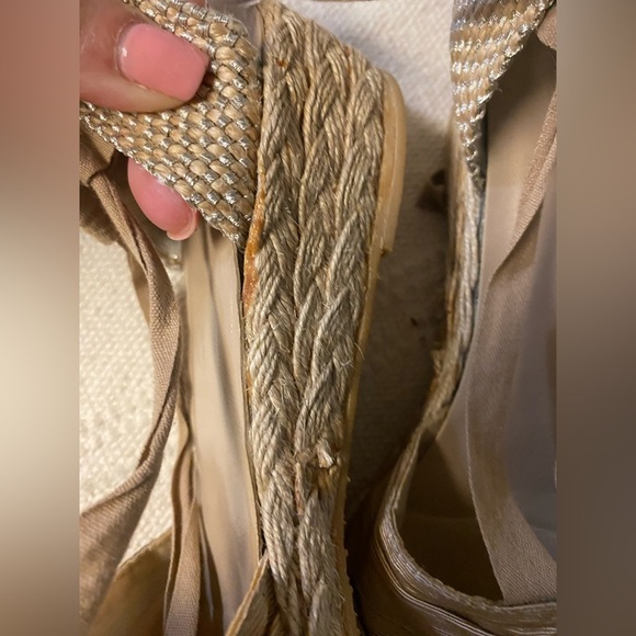 STUART WEITZMAN Beige leather Fabric Ankle Tie Espadrille Sandals SZ 6.5 - Picture 6 of 13
